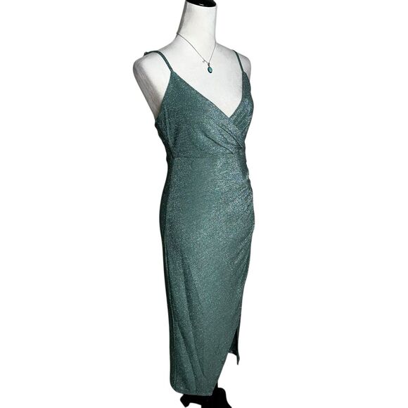 Vine And Valley Green Shimmer Ruched V-neck Side Slit Midi Dress M Holiday Glam - Picture 2 of 11